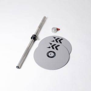 A collection of accessories including a knurled kBar, 2 large flywheels and an advanced flywheel knob