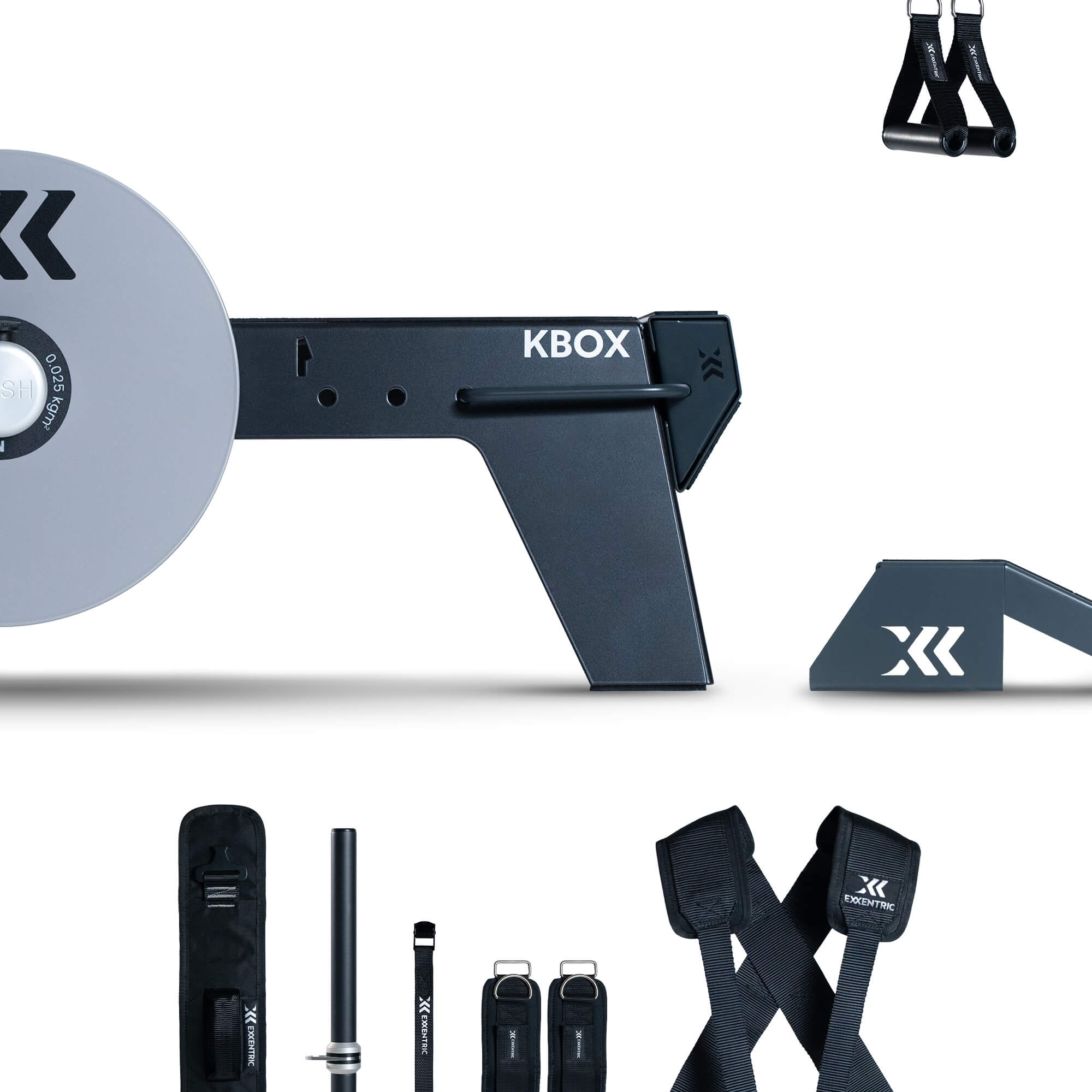 kBox platform with M flywheel, kGrips, kBar, ankle cuffs, hip belt, decline board, extension strap and harness