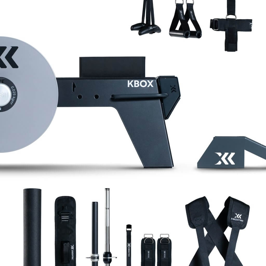 kBox platform with M flywheel, kGrips, A90 kGrips, head harness, cover mat, kBar, knurled kBar, ankle cuffs, hip belt, decline board, extension strap and harness