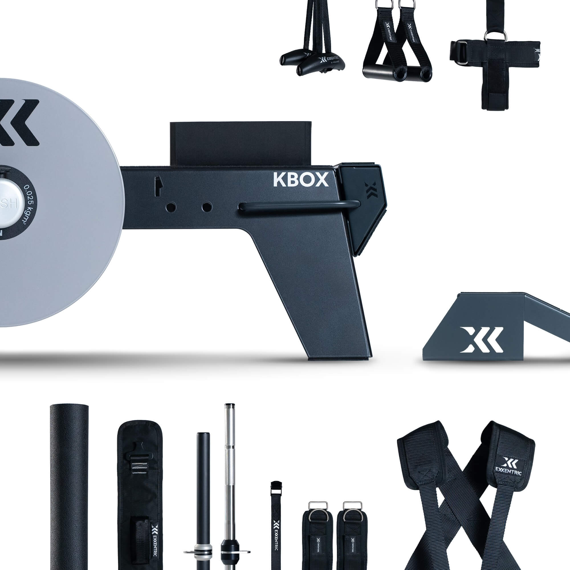 kBox platform with M flywheel, kGrips, A90 kGrips, head harness, cover mat, kBar, knurled kBar, ankle cuffs, hip belt, decline board, extension strap and harness